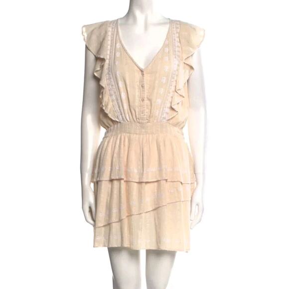 Love Sam Anthropologie Ava Keepsake Dress Beige tiered Skirt Ruffle Sz XS - - Picture 2 of 6